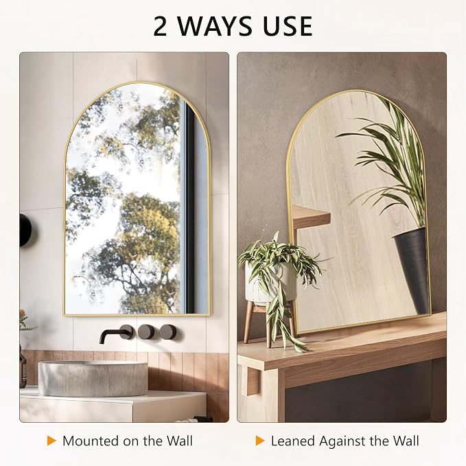 Arched Bathroom Mirror for Wall, 36" x 24" Metal Frame Vanity Mirror, Gold - Image 6