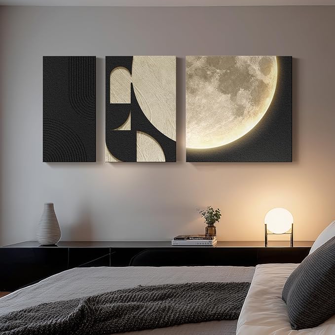 3D LED Wall Art with Moon Design, Lighted Abstract Wall Decor Set, 3 Piece | Warm LED Glow, Sandstone Textured Artwork for Walls, Black and Beige Tone, Paintings Wall Decor for Living Room Bedroom Entry - Image 6