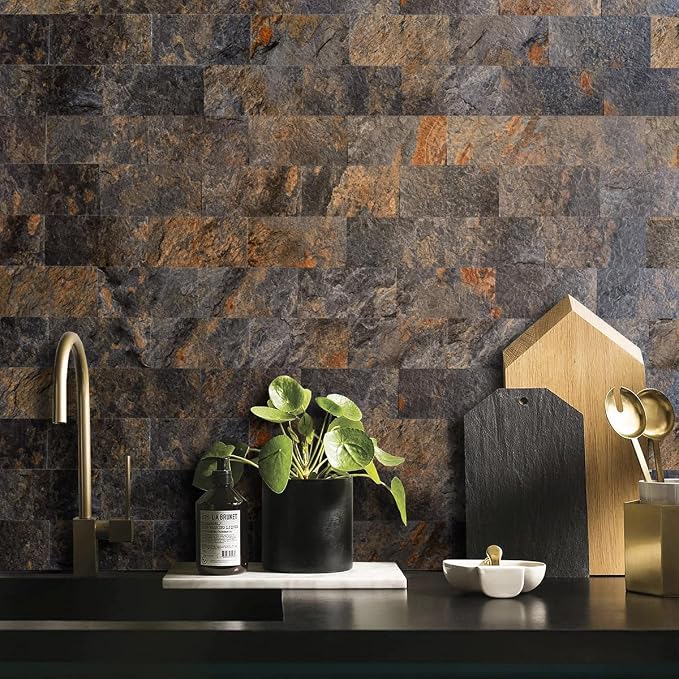 AULIGET 100 Piece Rust Slate Peel and Stick Backsplash Wall Tiles, 3" x 6" PVC Faux Stone Stick on Tiles for Backsplash Kitchen, Bathroom, Laundry Room, Camper, Fireplace - Image 2