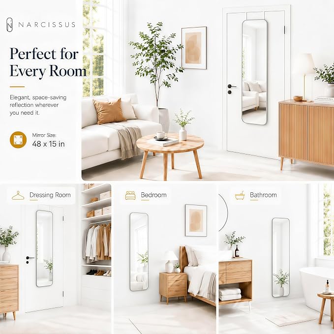 NARCISSUS Over the Door Full Length Mirror 47x14 Inch, Wall Mounted Dressing Mirror, Door Hanging Full Body Mirror HD Reflection Glass for Bedroom, Aluminum Alloy Frame Silver - Image 4