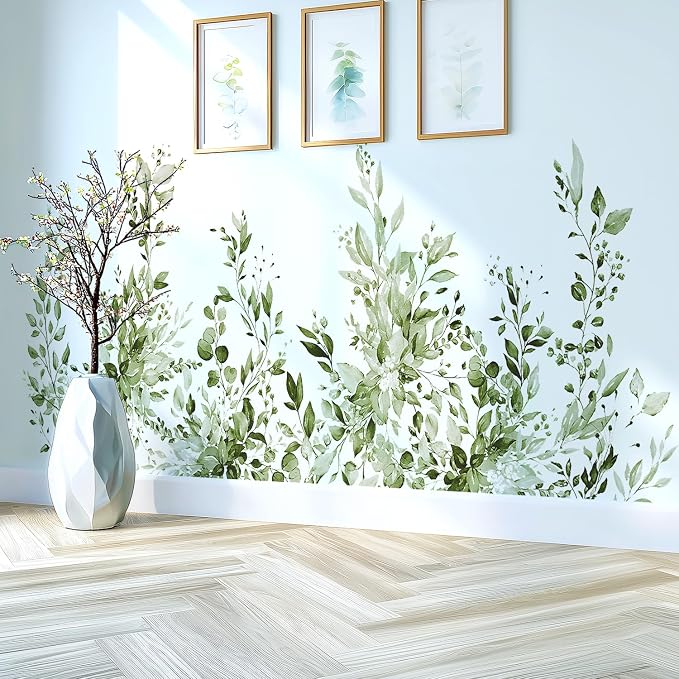 Olive Green Plants Leaves Wall Decals Peel and Stick, Large Floral Flowers Vinyl Wall Stickers, Removable Vine Home Decor Art for Bedroom Living Room Classroom Office - Image 5