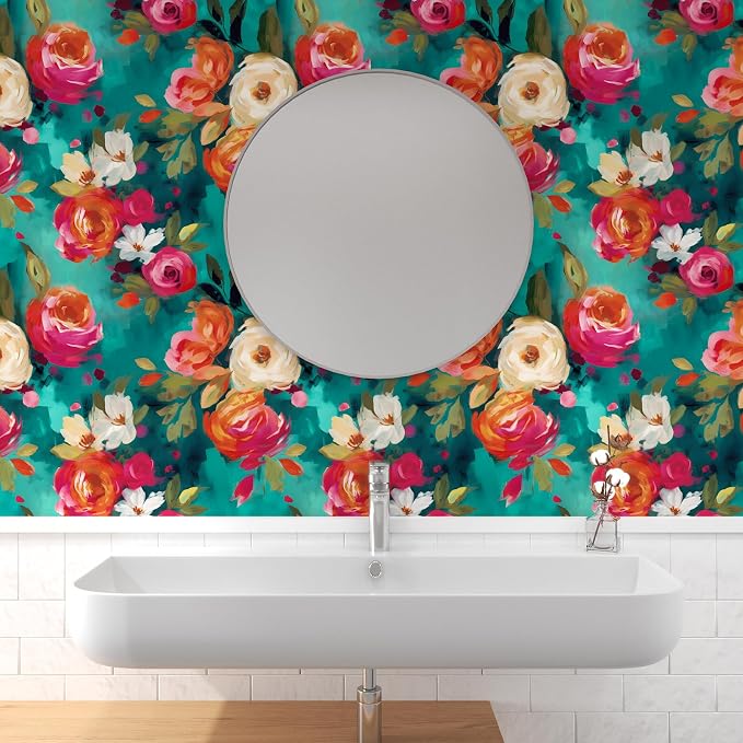 BOKEBEVE Floral Wallpaper Peel and Stick Boho Teal Blue 17.5 x 787In | Super Long Removable Renter Friendly Vibrant Watercolor Wall Paper for Bedroom Bathroom Living Room Feature Accent Wall - Image 4