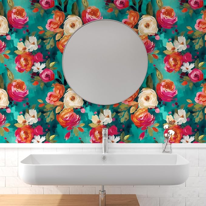 BOKEBEVE Floral Wallpaper Peel and Stick Boho Teal Blue 17.5 x 78.5In | Removable Self Adhesive Renter Friendly Vibrant Watercolor Wall Paper for Bedroom Bathroom Living Room Accent Wall - Image 4