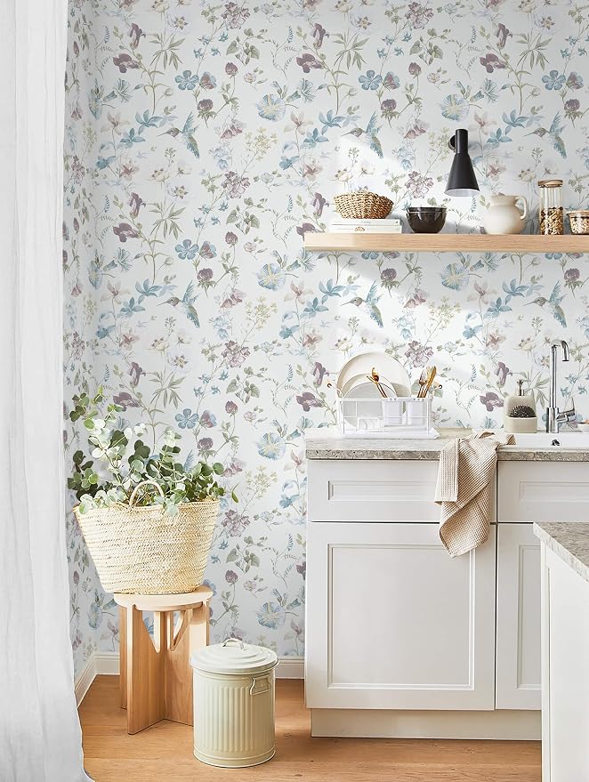 Ismoon Floral and Bird Peel Stick Wallpaper Blue Contact Paper 17.3x393in | Hummingbird Flower Wall Paper Removable Self Adhesive Waterproof Vinyl Wallpaper for Bedroom Cabinet Wall Decro - Image 8