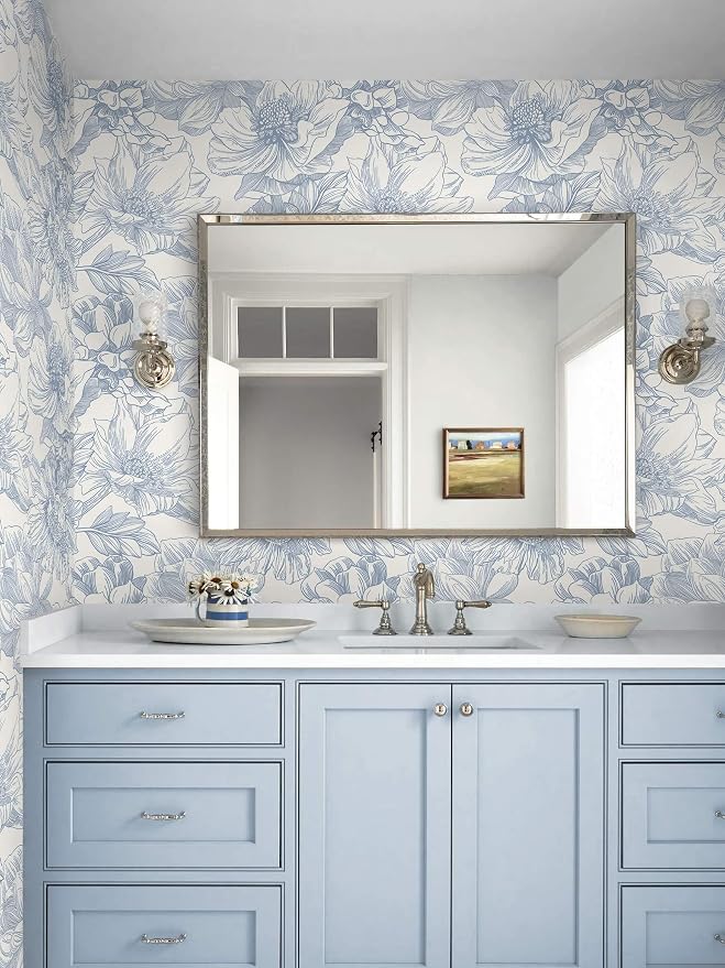 Ismoon Vintage Floral Wallpaper Peel and Stick Beige and Blue Contact Paper 17.3inx32.75ft Removable Self Adhesive Wall Paper for Bathroom Bedroom Cabinet Mural Wall Decor Vinyl Renter Friendly - Image 8