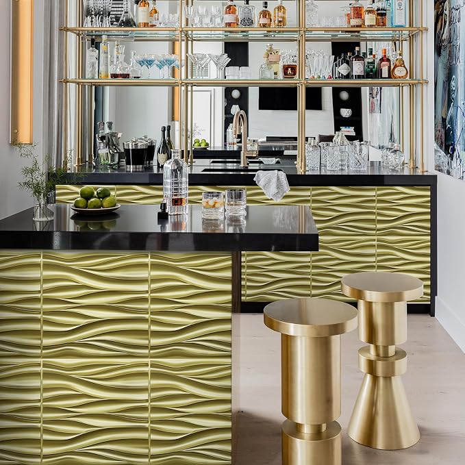 STICKGOO 3D Wall Panels, Champaign Gold Wave Design, 19.7''x19.7'' | PVC Accent Wall Panels for Interior Wall Decor, Living Room, Lobby Bedroom Hotel Office, Pack of 12 - Image 5