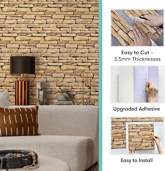 Commomy 3D Faux Stone Wall Panels Peel and Stick 10 Pcs 11.8" x 11.8" | Ultralight Thin PVC Fake Rock Wallpaper DIY Wall Covering Decorative Tiles for Kitchen Backsplash,Bedroom (Covers 9.7 sq.ft) - Image 3