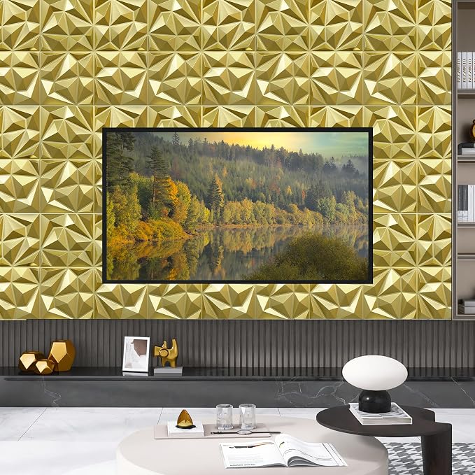 LEVOWAY 33 Pack Decorative 3D Wall Panels for Interior Wall Decor | 12''x12'' Champaign Gold Diamond Design Accent Wall Panles for Living Room,TV Wall Background,Bedroom - Image 2