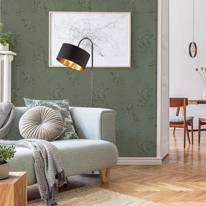 Green Flower Peel and Stick Wallpaper Solid Pure Paper 18in x 393in | Embossed Flower Contact Paper Textured Self Adhesive Paper for Cabinets Bathroom Dark Floral Removable Waterproof Decor Vinyl - Image 4