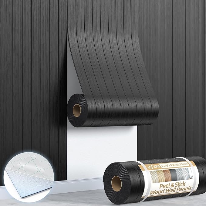 Peel and Stick Wood Slat Wall Panels 3D PVC Faux Black Wood Grain Wallpaper | 15.75"x236" Soundproof Wall Panels with Self Adhesive, Wall Coverning for Accent Walls Ceiling Bedroom Bathroom Kitchen Decor by NEPIS