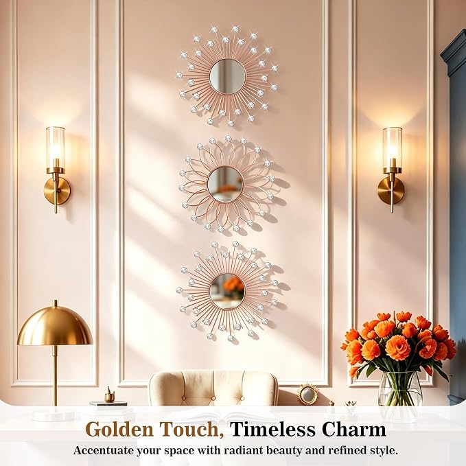 3 Pack Metal Mirrors for Wall Sunburst Wall Mirrors Home Décor Decorative Hanging Wall Art for Living Room Bedroom Entryway (Rose Gold2 Crystal, Flower+Sunburst) - Image 4