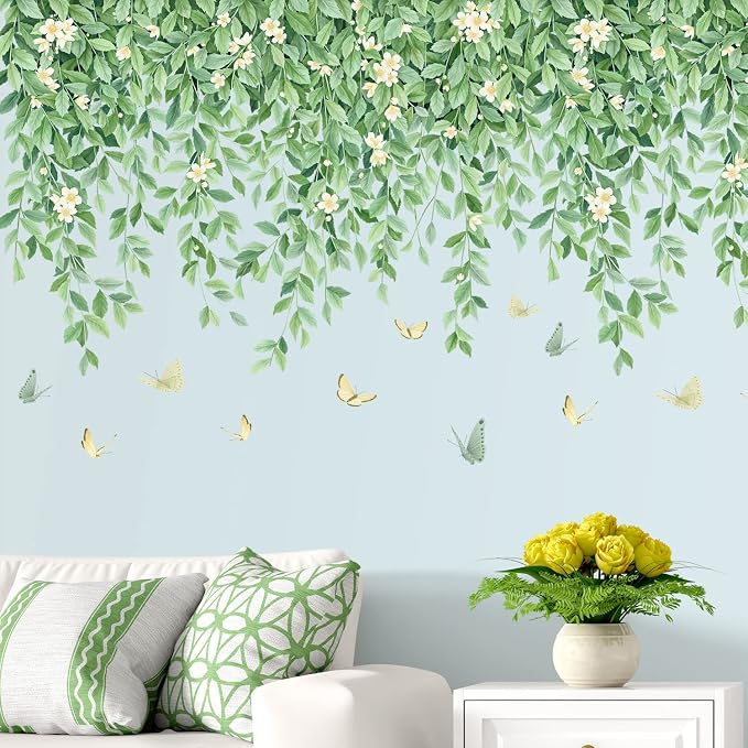 White Flowers Wall Decals Hanging Green Leaves Wall Stickers Butterflies Plants DIY Art Mural Decortions for Kids Baby Girls Bedroom Living Room Offices Nursery Classroom Closet Ceiling Vertex Line (A) - Image 4