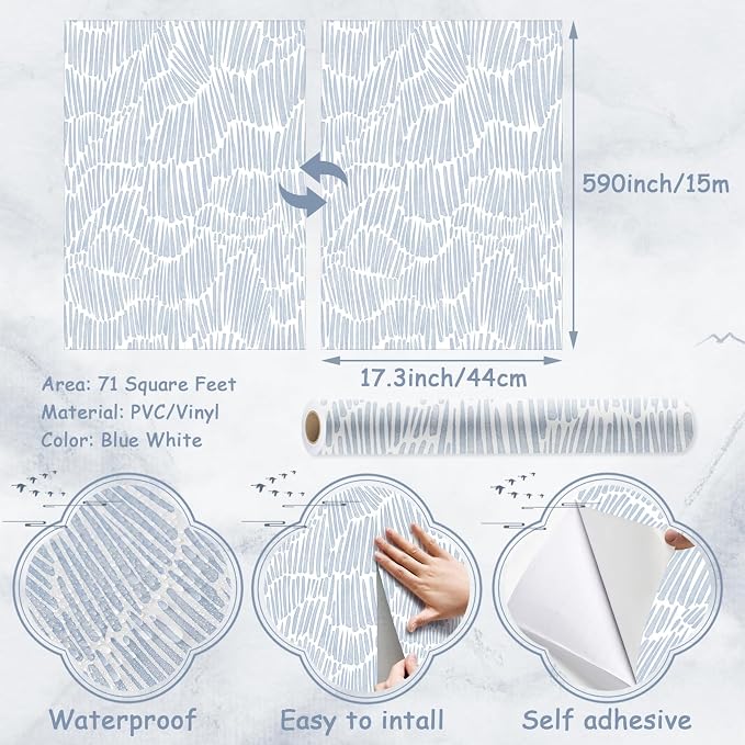 Theper Blue Contact Paper Modern Peel and Stick Wallpaper 17.3"×590" | Boho Wallpaper Striped Removable Self Adhesive Wall Paper for Bedroom Waterproof White and Blue Wallpapers for Home Vinyl - Image 3