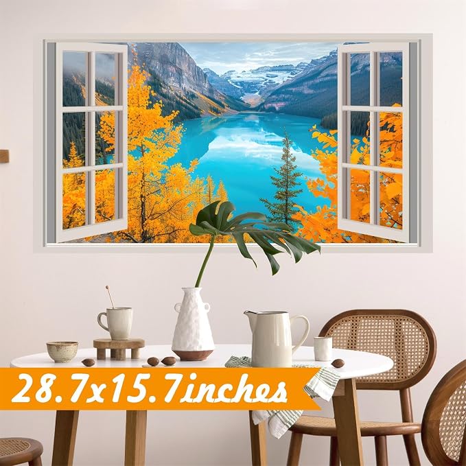 3D Nature Fake Windows Wall Decals Autumn Forest Tree Wall Art Murals Decal Peel and Stick Fall Mountain Lake Sticker Faux Window Landscape Poster Pictures Decals for Bedroom Office Kitchen - Image 2