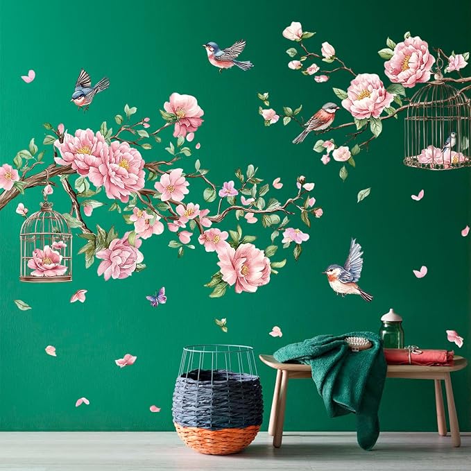 Removable Large Flowers with Tree Branches Wall Stickers – DIY Peony Floral Birds Wall Decals, Peel and Stick Leaves & Birdcage Wall Decor for Kids Girls Bedroom, Nursery, Living Room, Classroom - Image 6