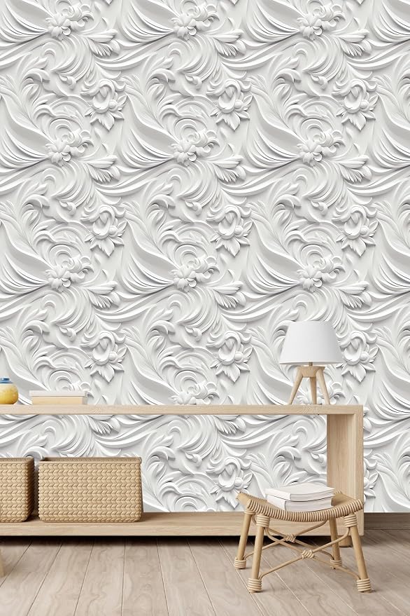 Peel and Stick Wallpaper White Gray Scroll Floral Accent by WEISENI