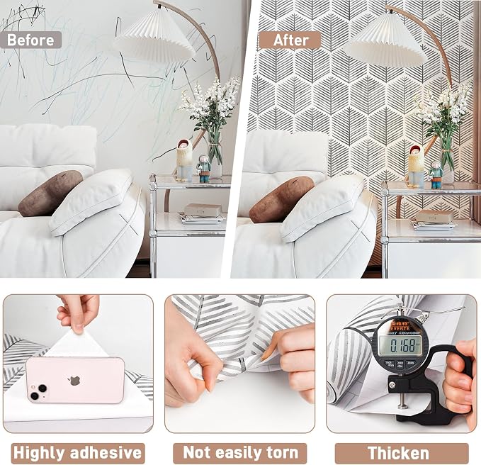 MelunMer Grey Modern Peel and Stick Wallpaper Boho Removable 17.3''×197'' | Dark Grey Contact Paper Self Adhesive Wallpaper for Bedroom/Bathroom Waterproof Geometric Contact Paper for Cabinets Drawer - Image 3