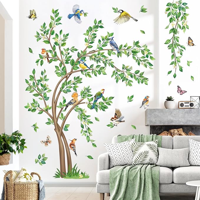 decalmile Green Tree Flying Leaves Birds Wall Decals Stickers (XL) - Image 3