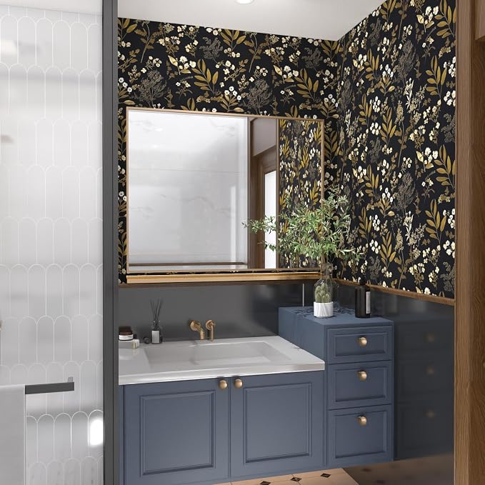 Laatse Vintage Floral Peel and Stick Wallpaper 17.5'' x 197'', Black Gold | Self Adhesive/Removable/Waterproof/Thick Vinyl Contact Paper for Bathroom Bedroom Shelf Cabinet Drawer,Prepasted,Easy Peel - Image 2