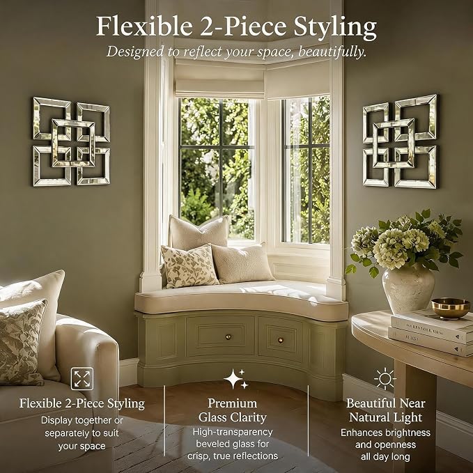 Square Decorative Wall Mirror 12 x 12 Inch, Silver Frameless Mirror Wall Decor with Beveled Edge, Modern Wall Mounted Accent Mirror for Living Room, Bedroom, Hallway, Set of 2 - Image 7