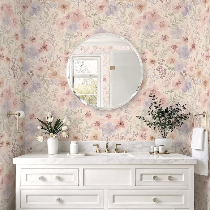 Guvana Peel and Stick Wallpaper Pink Floral Wall Paper French Country Vintage Contact Paper Neutral Botanical Self Adhesive Removable Wallpaper for Living Room Stairwell Bedroom Cabinet 17.3"×197" - Image 9