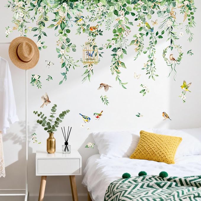 Supzone Hanging Vine Leaves Wall Decals - 45" x 28" Green Eucalyptus Leaves Flowers Birds Vinyl Wall Stickers for Living Room Bedroom TV Sofa Backdrop Decor - Image 2