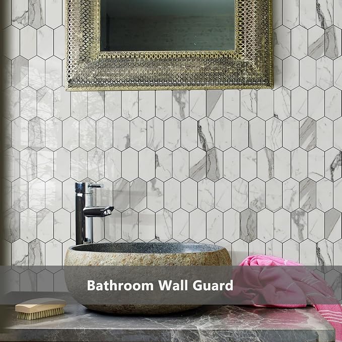 Vamos Tile Long Hexagon Peel and Stick Backsplash Tile - 10 Sheets Stick on Backsplash for Kitchen and Bathroom 12.4 x 12 Inch Glossy Carrara White PVC Self Adhesive Mosaic Wall Tiles - Image 4