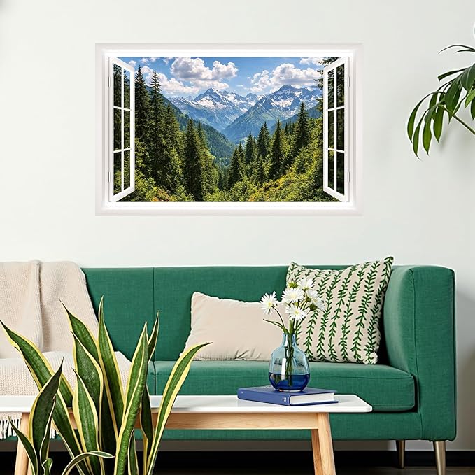 IARTTOP Fake Window View Wall Murals Stickers 33"x20.4" Snow Mountain Pine Forest Valley Landscape Wall Decal Art Large Nature Scenery Decals Decor for Bedroom Farmhouse Living Room - Image 8