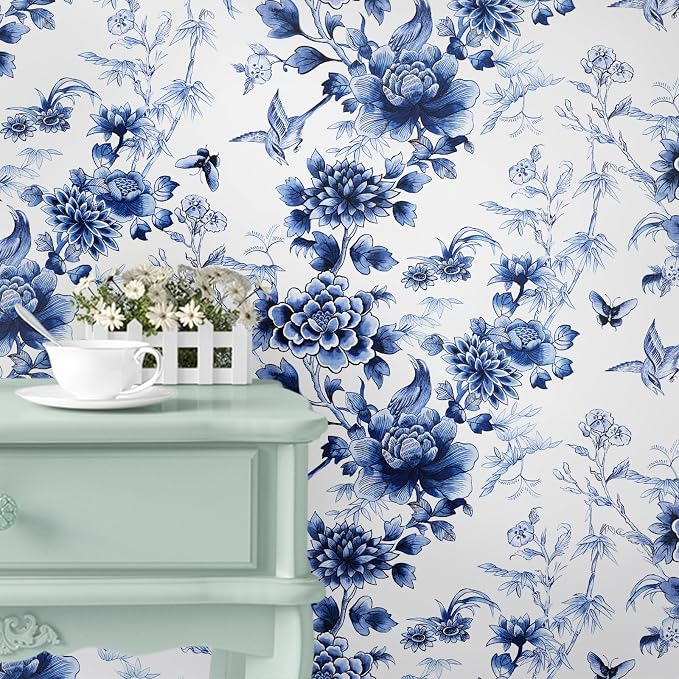 RUSPEPA Peel and Stick Wallpaper - Blue Flower White Design Self Adhesive Removable Wallpaper Decorative Waterproof Contact Paper for Cabinets, Walls - 17.3 Inch x 6.5 Feet - Image 4