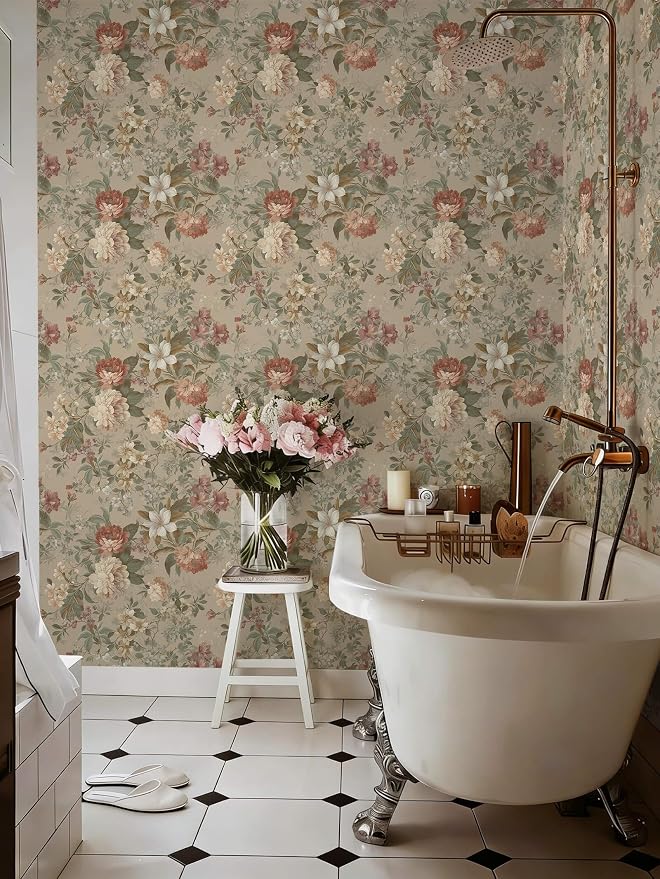 Peel and Stick Wallpaper for Bedroom Vintage Red Floral Self-Adhesive | 393"×17.3" Peony French Country Wallpaper Vintage Accent Wall Decor with Grid Lines for Nursery Bathroom Vinyl Waterproof - Image 8