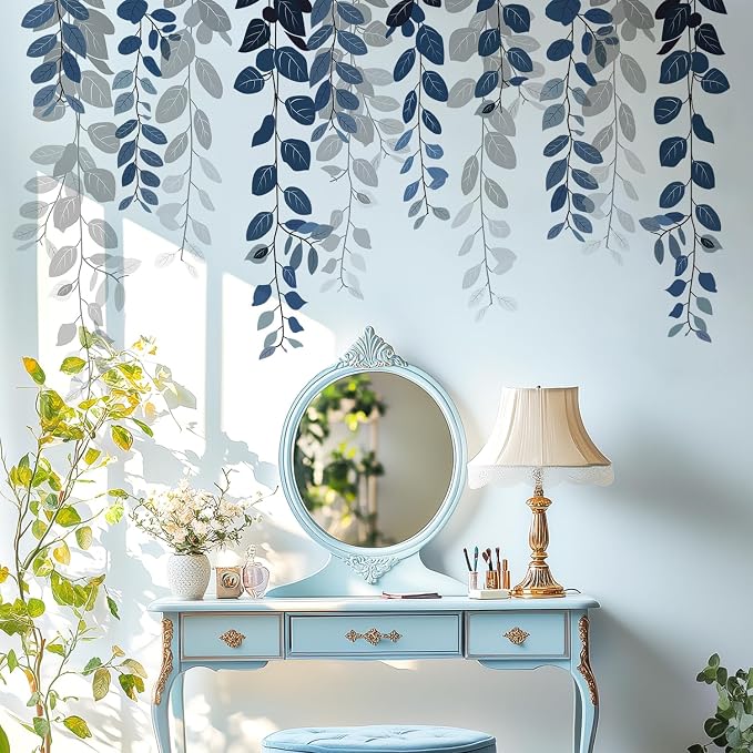 Blue Hanging String of Eucalyptus Wall Decals Peel and Stick, Large Plants Vinyl Wall Stickers, Removable Vine Home Decor Art for Bedroom Living Room Classroom Office by VePret