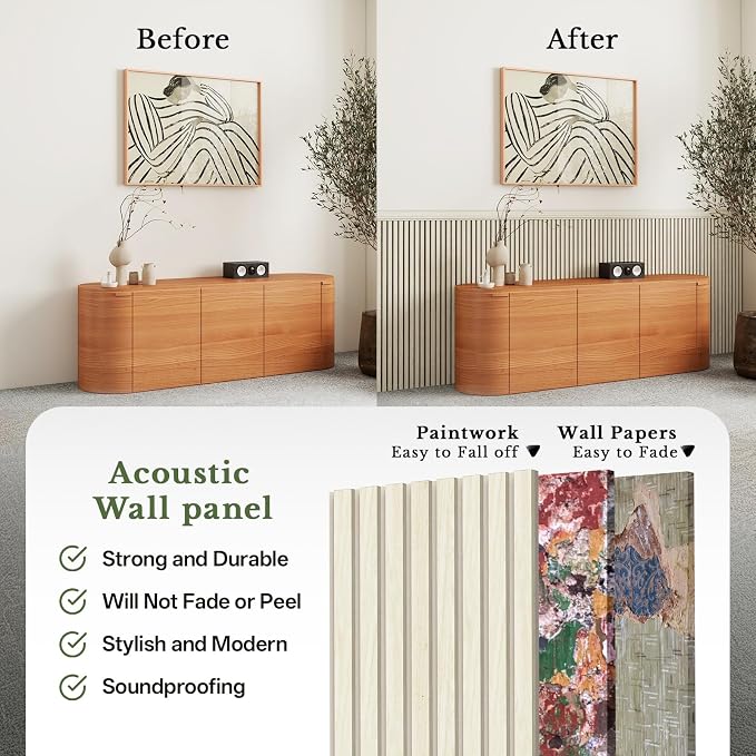 MISSDAY Wood Slat Acoustic Wall Panels, 4 Packs 94.5" x 12.6" White Soundproof Panel For Interior Wall Decor Noise Absorbing-3D Textured Wooden Panel Sound-Absorbing for Home, Office, Studio - Image 4