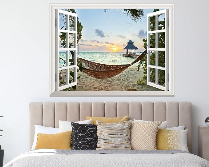 FLFK Fake Window Wall Sticker - Sunset Beach Faux Window Wall Mural for Wall Decor, Stick and Peel Wall Decals,48"x32",Set of 2 Sheets - Image 2