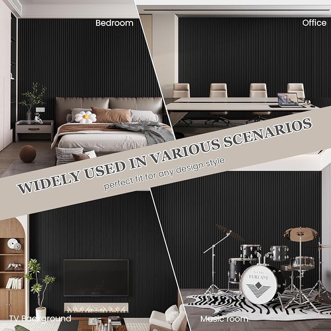 2 Pack Wood Salt Acoustic Wall Panels 94" x 23.6" x 0.8", Matte Black | 3D Fluted Soundproof Wooden Wall Panel, Sound-absorbing Wall Decor for Home Theater Studio Office Bedroom - Image 4