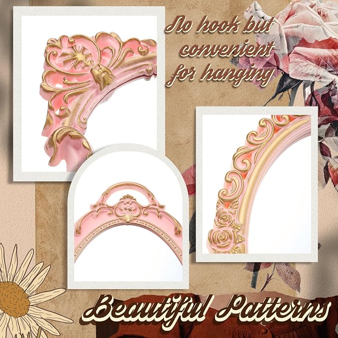 Beeveer 3 Style Vintage Mirrors Set Decorative Oval Wall Mirror Small Antique Mirrored Tray Decorative Hanging Mirror for Bathroom Bedroom Jewelry Organizer Victorian Decor (Shield,Pink) - Image 3
