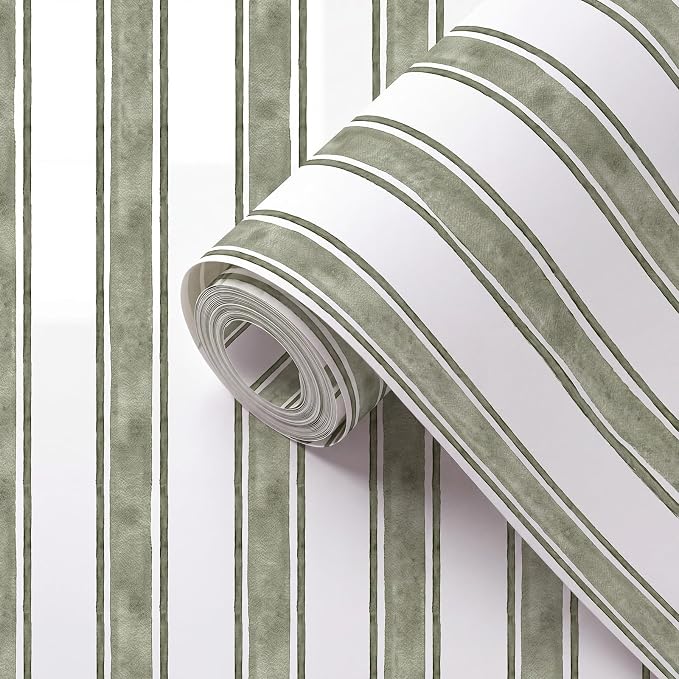 Affrolling Striped Peel and Stick Wallpaper 15.75"x118.11",Sage Green | Watercolor Self Adhesive Contact Paper, Removable for Bedroom Cabinet Furniture, Cute Decor for Nursery Craft Room DIY - Image 2