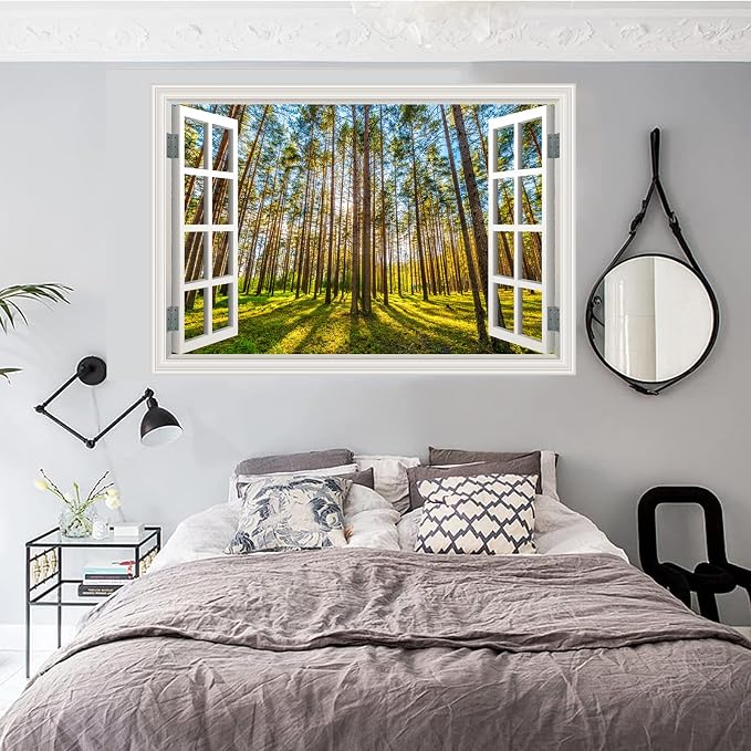 Fake Window Wall Decal- Morning Sunlight in The Forest Open Wall Sticker | Faux Window Natural Scenery Landscape Mural｜ Stick and Peel Decals｜for Home Room Bedroom Office Scene Picture Decor｜24"x16" - Image 5