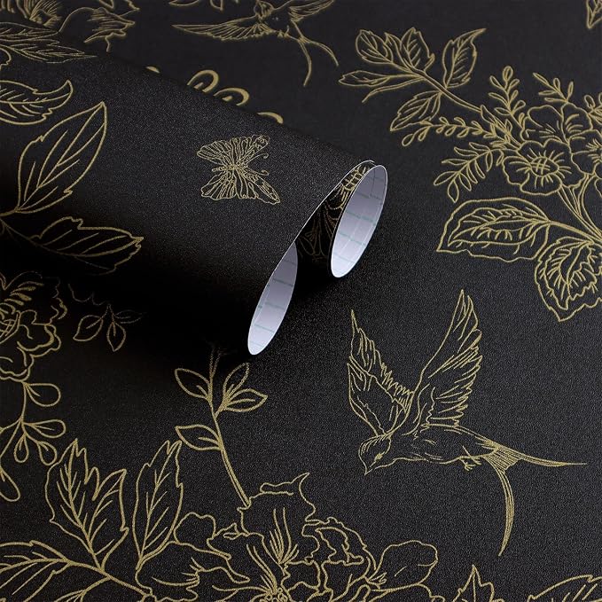 Froluya Black Gold Floral Wallpaper Peel and Stick Wallpaper 17.7in×196.8in | Dark Floral Contact Paper Peel and Stick Vintage Boho Birds Removable Self Adhesive Wallpaper for Bathroom Cabinets Vinyl by Froluya