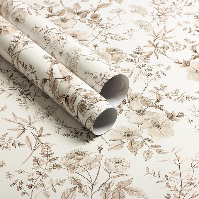 Erfoni Beige Floral Peel and Stick Wallpaper Boho Floral Leaf Contact Paper | 16.9" x197" Boho Self Adhesive Wallpaper Flower DIY Removable Decoration Wallpaper for Livingroom Accent Wall Covering by Erfoni