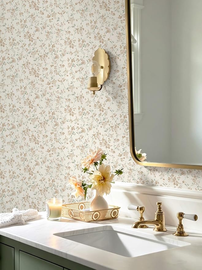 Peel and Stick Wallpaper for Nursery Brown Cherry Blossom Waterproof | 197"×17.3" Latte Brown Floral Vintage Wallpaper Gentle Accent Wall Decor with Grid Lines for Bedroom Vinyl Self-adhesive - Image 4