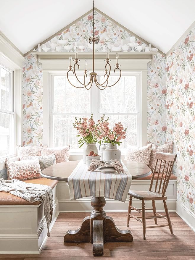 Dimoon Pink Floral Peel and Stick Wallpaper Modern Beige Contact Paper 17.3''x393'' Boho Village Country Cottage Wallpaper Renter Friendly Girls Room Wall Paper for Bathroom Nursery Bedroom Vinyl - Image 5