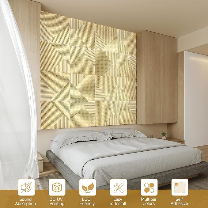 Acoustic Wall Panels,6 Pack,23.6"x23.6",Sound Panels,Natural Oak | Self-Adhesive Sound Absorbing Panels,3D UV Printing with Wood Print,High-Density 100% Polyester Fiber Art Acoustic Panels - Image 6
