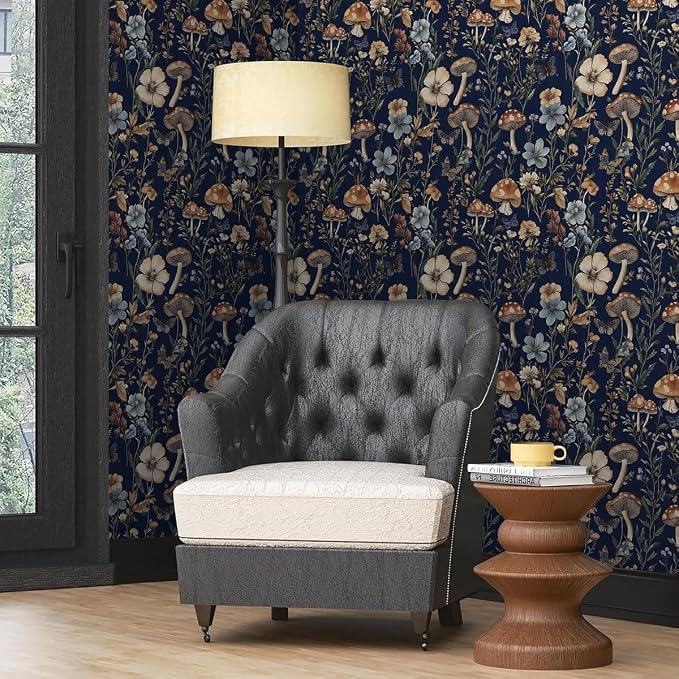 Froluya Mushroom Peel and Stick Wallpaper Dark Blue Floral 16.9" x 196.8" | Dark Floral Contact Paper Navy Blue Floral Wallpaper Vintage Boho Self Adhesive Removable Wall Paper Kitchen Bathroom Vinyl - Image 8