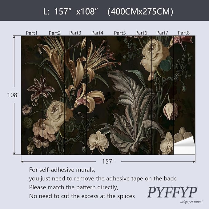 PYFFYP-Dark Flower Peel and Stick Wallpaper Vintage Plant wall murals - Image 5
