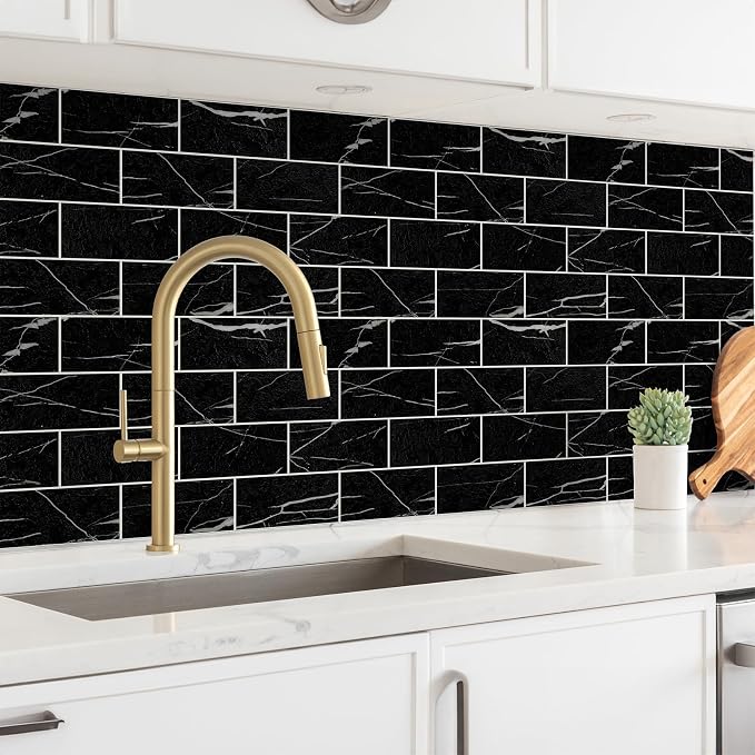 StyloVue 100 Pieces Peel and Stick Backsplash for Kitchen, 3" x 6" PVC Subway Tile Upgraded Nero Marquina with White Grout Backsplash Stick on Tile Elevate Kitchen, Bathroom, Fireplace,RV - Image 6