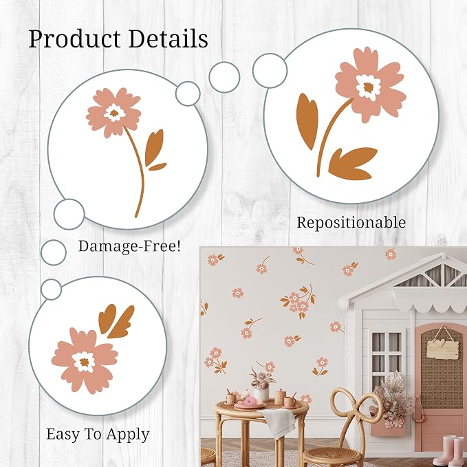 Boho Flower Wall Decals - Set of 30 Vinyl Flower Room Decor Peel and Stick Removable Floral Stickers for Nursery Bedroom Bathroom - Image 2