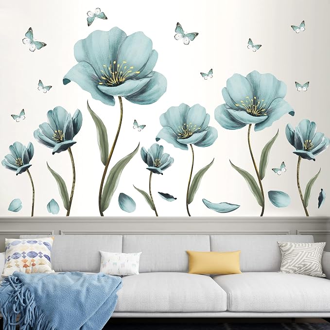 8 Sheets Creative Blue Flowers Wall Decal DIY Removable Painted Butterflies Wall Sticker Romantic Painting Art Mural Vinyl Peel and Stick for Home Living Room Bedroom Office Bathroom Wall Decoration - Image 2