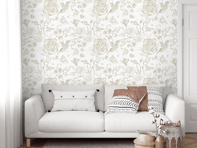 Floral Peel and Stick Wallpaper Boho Beige Contact Paper Neutral Farmhouse Vintage Wall Paper Removable Self Adhesive Wallpaper Bedroom Cabinet Bathroom Waterproof Vinyl Roll 17.3" x 78" - Image 6