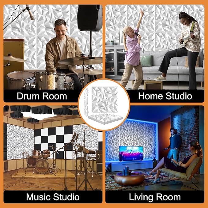 TroyStudio Acoustic Sound Diffuser Panels, 19.7 X 19.7 X 1 inches 12 Pcs White PVC Plastic 3D Wall Panel, Recording Studio Acoustical Treatment Diffusion panel, Art Decorative Ceiling Tiles - Image 5
