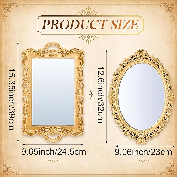Beeveer 2 Style Vintage Mirrors Set Decorative Oval Wall Mirror Small Antique Mirrored Tray Decorative Hanging Mirror for Bathroom Bedroom Jewelry Organizer Victorian Decor (Square,Gold) - Image 2